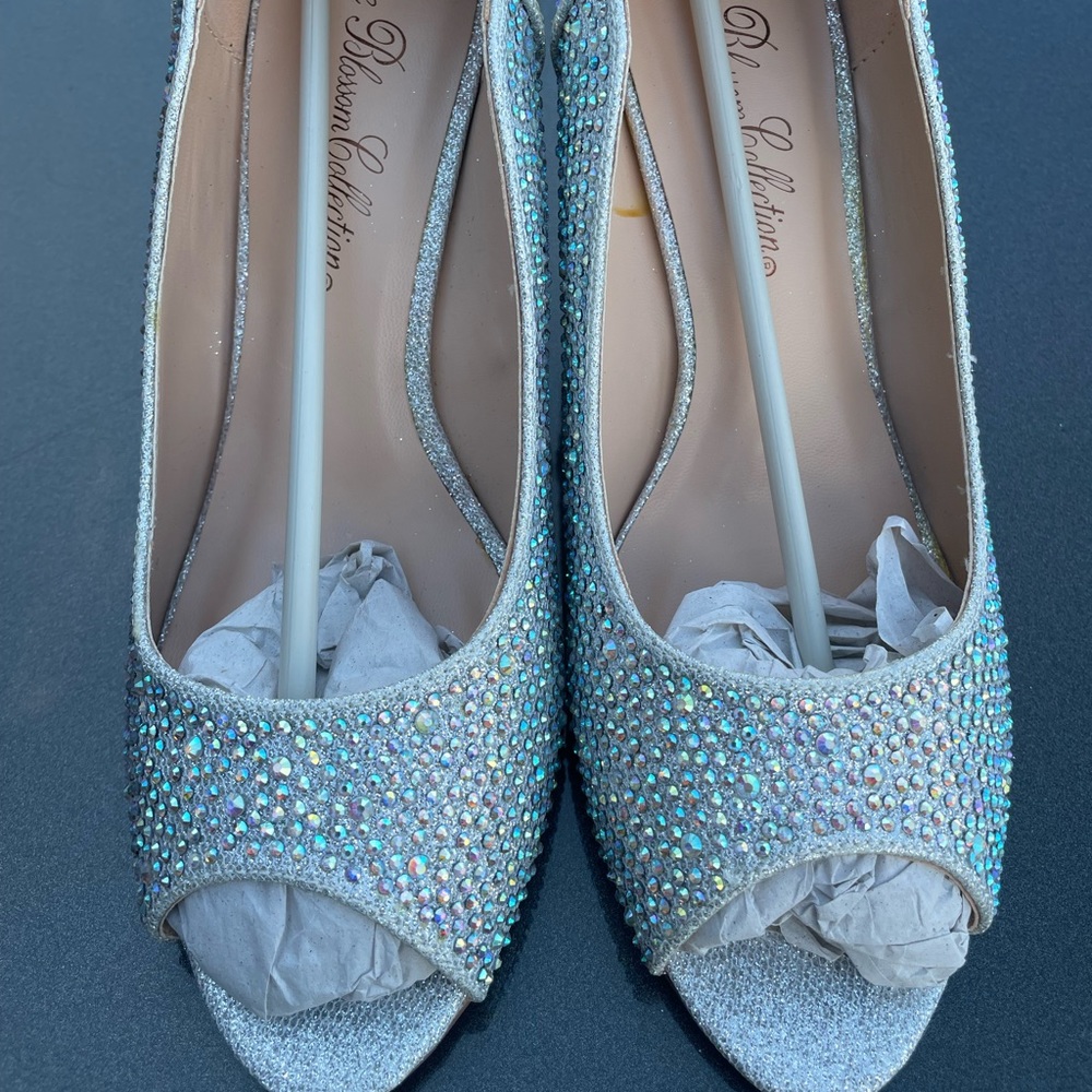 Women's Sparkly Silver peekaboo toe wedge. Size 8